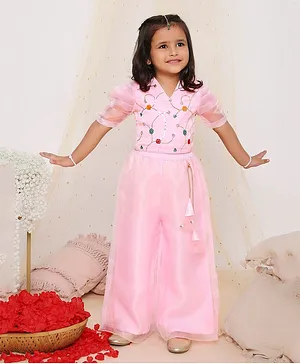 KID1 Half Sleeves Floral Embroidered & Sequin Embellished Top With Palazzo Set - Pink