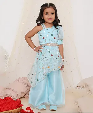 KID1 One Shoulder Floral Embroidered & Sequin Embellished Asymmetrical Top With Palazzo Set - Sky Blue
