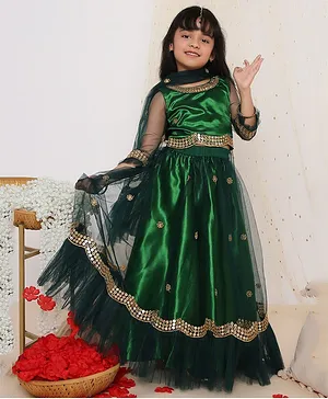 KID1 Three Fourth Sleeves Floral Embroidered & Mirror Work Embellished  Lehenga Choli With Dupatta - Green