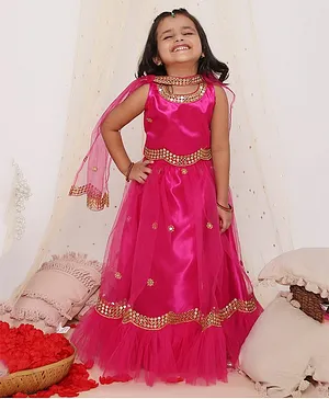 KID1 Three Fourth Sleeves Floral Embroidered & Mirror Work Embellished  Lehenga Choli With Dupatta - Rani Pink