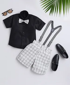 Jeet Ethnics Half Sleeves Solid Shirt With Checked Shorts Bow & Suspender Set - Grey
