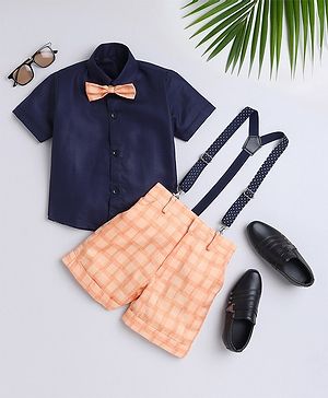 Jeet Ethnics Half Sleeves Solid Shirt With Checked Shorts Bow & Suspender Set - Orange