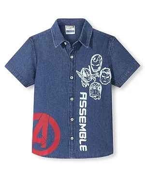 Pine Kids Marvel Denim Half Sleeves Shirt Avengers Print - Blue
