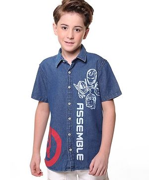 Pine Kids Marvel Denim Half Sleeves Shirt Avengers Print - Blue