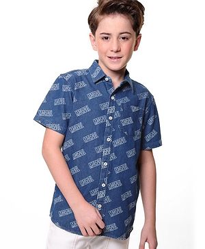 Pine Kids Marvel Denim Half Sleeves Shirt Text Print - Blue