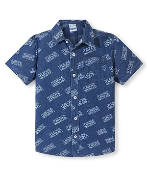 Pine Kids Marvel Denim Half Sleeves Shirt Text Print - Blue