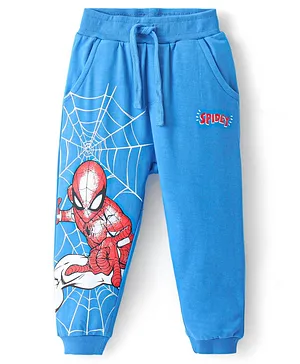 Babyhug Marvel Cotton Looper Full Length Lounge Pants with Spiderman Graphics - Blue