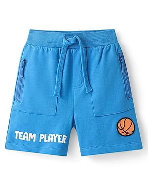 Babyhug Cotton Looper Knit Shorts with Basketball Patch & Text Print - Blue