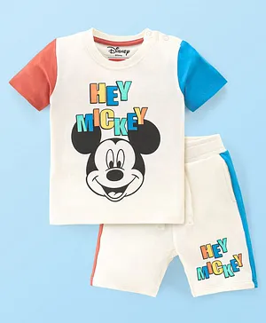 Babyhug Disney Single Jersey Knit Half Sleeves T-Shirt And Shorts Set With Mickey Mouse Graphics - Off White