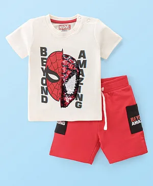 Babyhug Disney 100% Cotton Knit Single Jersey Half Sleeves T-Shirt & Short With Spiderman Graphics & Sequins Detailing - White & Red