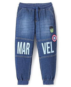 Pine Kids Marvel Cotton Blend Full Length Whiskered Denim Jogger With Marvel Text Print And Avenger Badge - Blue