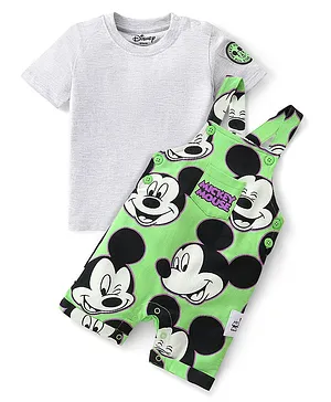 Babyhug Disney Cotton Knit Dungaree With Half Sleeves T- Shirt And Mickey Mouse Print - Green
