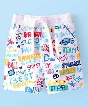 Babyhug Cotton Looper Knit Shorts with Text Print -  White