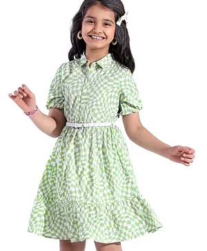 Hola Bonita Woven Half Sleeve Textured Fabric Knee Length Checkered Shirt Dress -Green