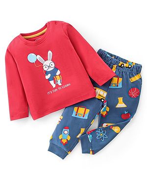 Babyhug Single Jersey Knit Full Sleeves Night Suit Bunny Print - Red & Navy Blue