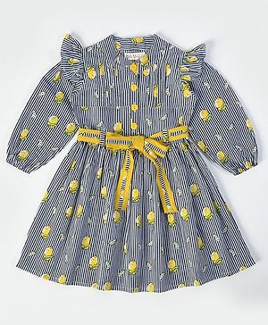 Bella Moda  Full Sleeves Lemon Printed Striped Fit & Flare Dress - Black