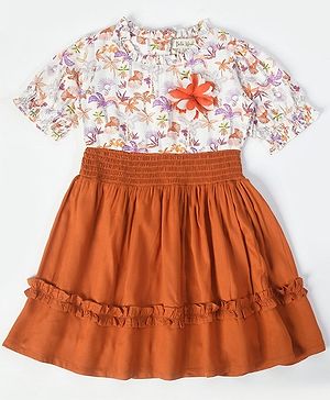 Bella Moda Half Sleeves Floral Printed Tiered Dress - Rust Orange