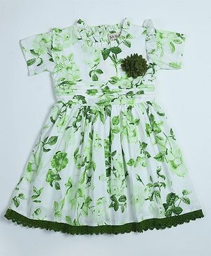 Bella Moda Half Sleeves Floral Applique & Printed Flared Dress - Green