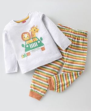 Babyhug Single Jersey Full Sleeves Night Suit Jungle Animals Print - White