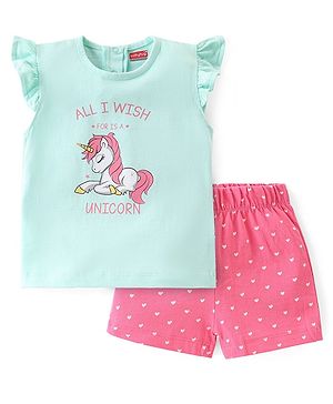Babyhug Cotton Knit Single Jersey Frill Sleeves Night Suit With Unicorn Print - Blue & Pink