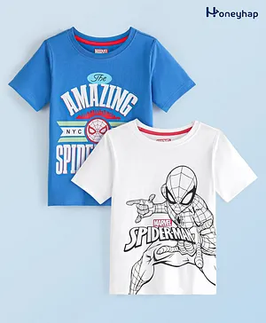 Honeyhap Marvel Cotton Knit Half Sleeves T-Shirts with Spiderman Graphics - White & Blue