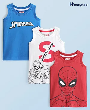 Honeyhap Marvel Sleeveless T-Shirts With Spiderman Graphics Pack of 3 - Blue White & Red