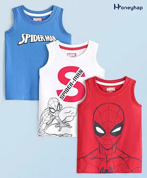 Honeyhap Marvel Premium Cotton Knit Sleeveless Spiderman Printed T-Shirts Pack of 3 - Red White & Blue