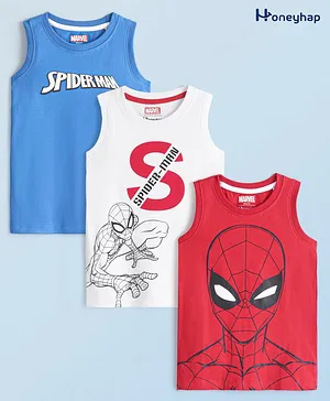 Honeyhap Marvel Premium Cotton Knit Sleeveless Spiderman Printed T-Shirts Pack of 3 - Red White & Blue