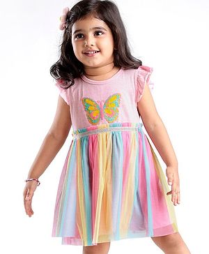 Babyhug 100% Cotton Jersey Knit Frill Sleeveless Frock with Sequinned Butterfly Design - Multicolour