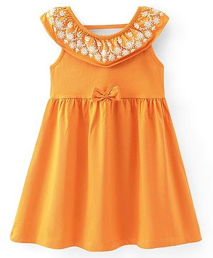 Babyhug 100% Cotton Knit Sleeveless Frock with Floral Embroidery & Bow Applique - Orange