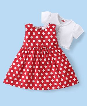 Babyhug Cotton Poplin Woven Frock with Half Sleeves Shrug Polka Dot Print - Red