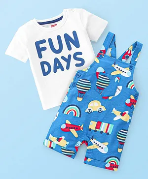 Babyhug Single Jersey Cotton Knit Dungaree with Half Sleeves Inner Tee Airplane Print - White & Blue