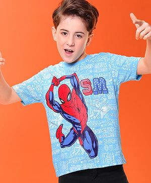 Pine Kids Marvel Cotton Knit  Half Sleeve T-Shirt with Spiderman Print - Blue