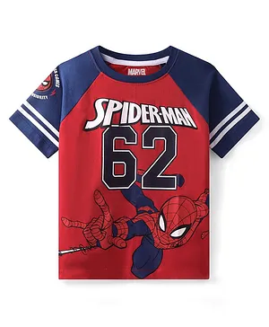 Pine Kids Marvel Cotton Knit Half Sleeves Raglan T-Shirt With Spiderman Graphics - Navy Blue & Red