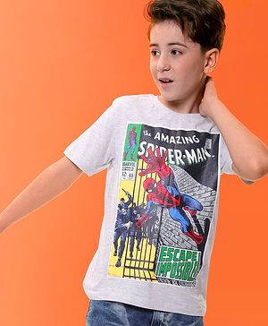 Pinekids Marvel  Cotton Knit Half Sleeves T-Shirt with Spiderman Graphics - Grey Melange