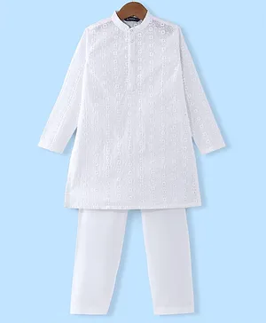 Pine Kids 100% Cotton Woven Full Sleeves Chikankari Solid Colour Kurta Pyjama Set-White