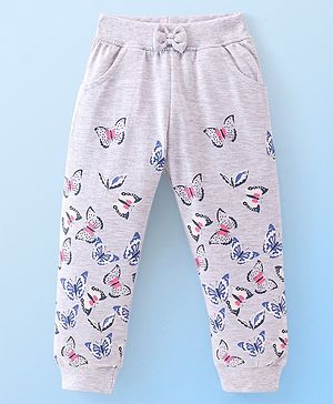 Babyhug Cotton Looper Knit Full Length Lounge Pant With Butterfly Print - Grey