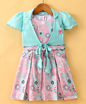 Enfance Core Half Sleeves Floral Printed With Box Pleated Dress With Jacket - Pink