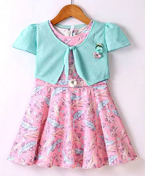 Enfance Core Half Sleeves Floral Printed  Dress With Jacket - Pink