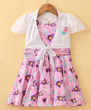 Enfance Core Half Sleeves Floral Printed Dress With Jacket - Pink