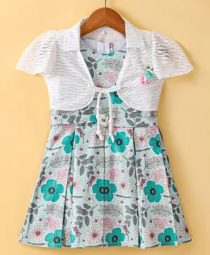 Enfance Core Half Sleeves Floral Printed With Box Pleated Dress & Jacket - Pista Green