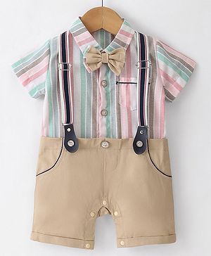 Mark & Mia Half Sleeves Party Wear Striped Romper with Bow - Multicolor