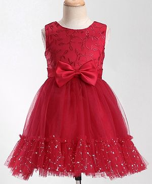 Mark & Mia Sleeveless Knee Length Partywear Frock with Embroidery & Bow  - Maroon