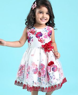 Mark & Mia  Sleeveless Party Wear Frock With Floral Applique & Print - Marron & White