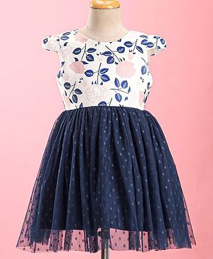 Mark & Mia Cap Sleeves Partywear Frock With Floral Print - White & Navy Blue