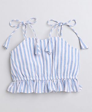 Taffykids Cotton Sleeveless Shoulder Tie Up Striped Crop Top - Blue