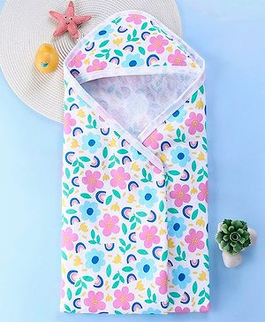 Babyhug Terry Knit Hooded Bath Towel With Floral Print L 76.2 x B 76.2 cm - Multicolor