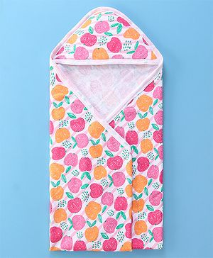 Babyhug Terry Knit Hooded Towel With Fruits Print L 75 x B 75 cm - Orange