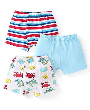 Babyhug 100% Cotton Above Knee Length Trunk With Striped & Crab Print Pack Of 3 - Red White & Blue