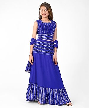 Pine Kids Sleeveless Floral Embroidery & Lace Detailing Choli Lehenga with Dupatta Set - Royal Blue